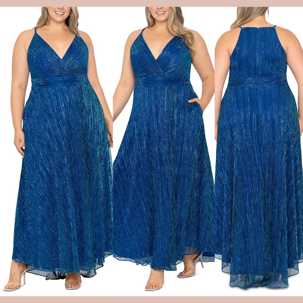 NWT $289 Betsy Adam [ 14W ] Sadie Metallic V Neck Long Gown in Royal Blue #S1903
